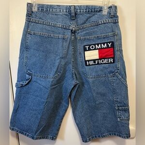 VTG 90s Tommy Hilfiger Jorts Blue Carpenter Jean Shorts Skater Flag Logo Sz 32